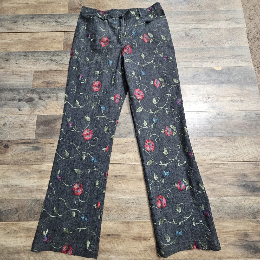 WORTH Floral Embroidered Straight Leg Pants‎ Cotton Stretch Size 8 Vintage